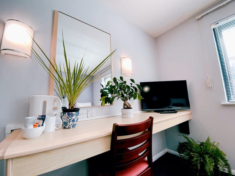 Desk with tea and coffee